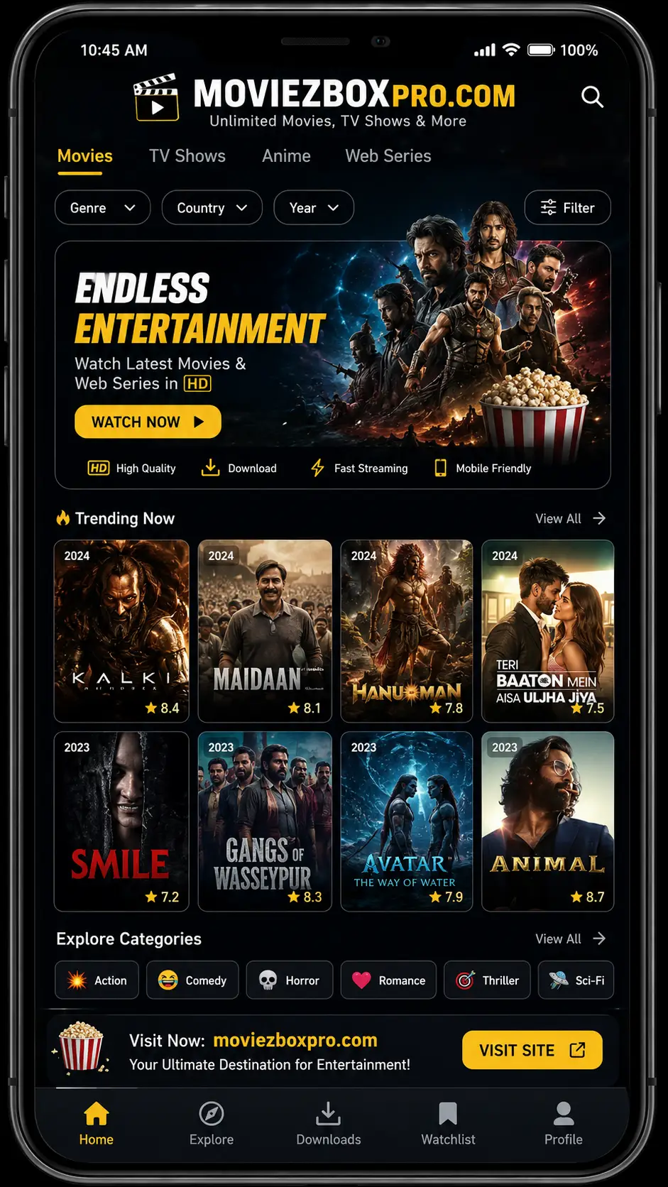 MovieBox interface displayed on an Android phone