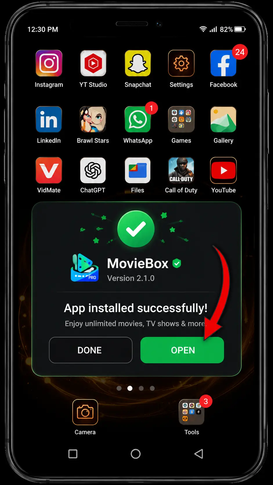 Example Android screen showing application installation completed