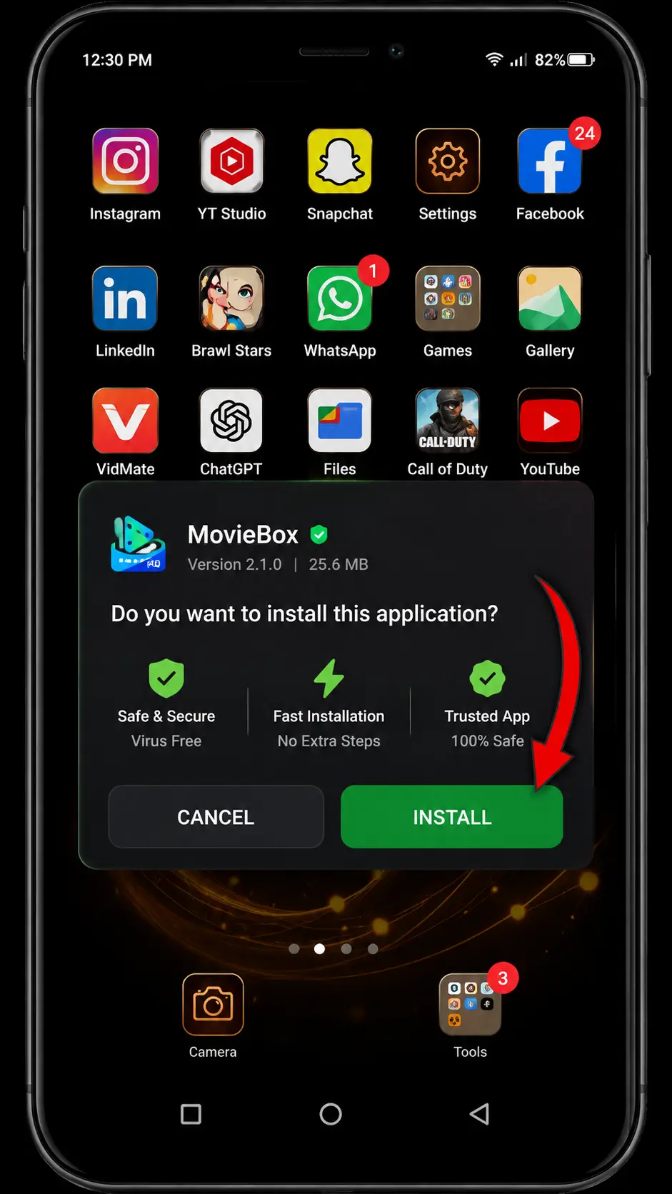 Example Android package installer with the Install button highlighted