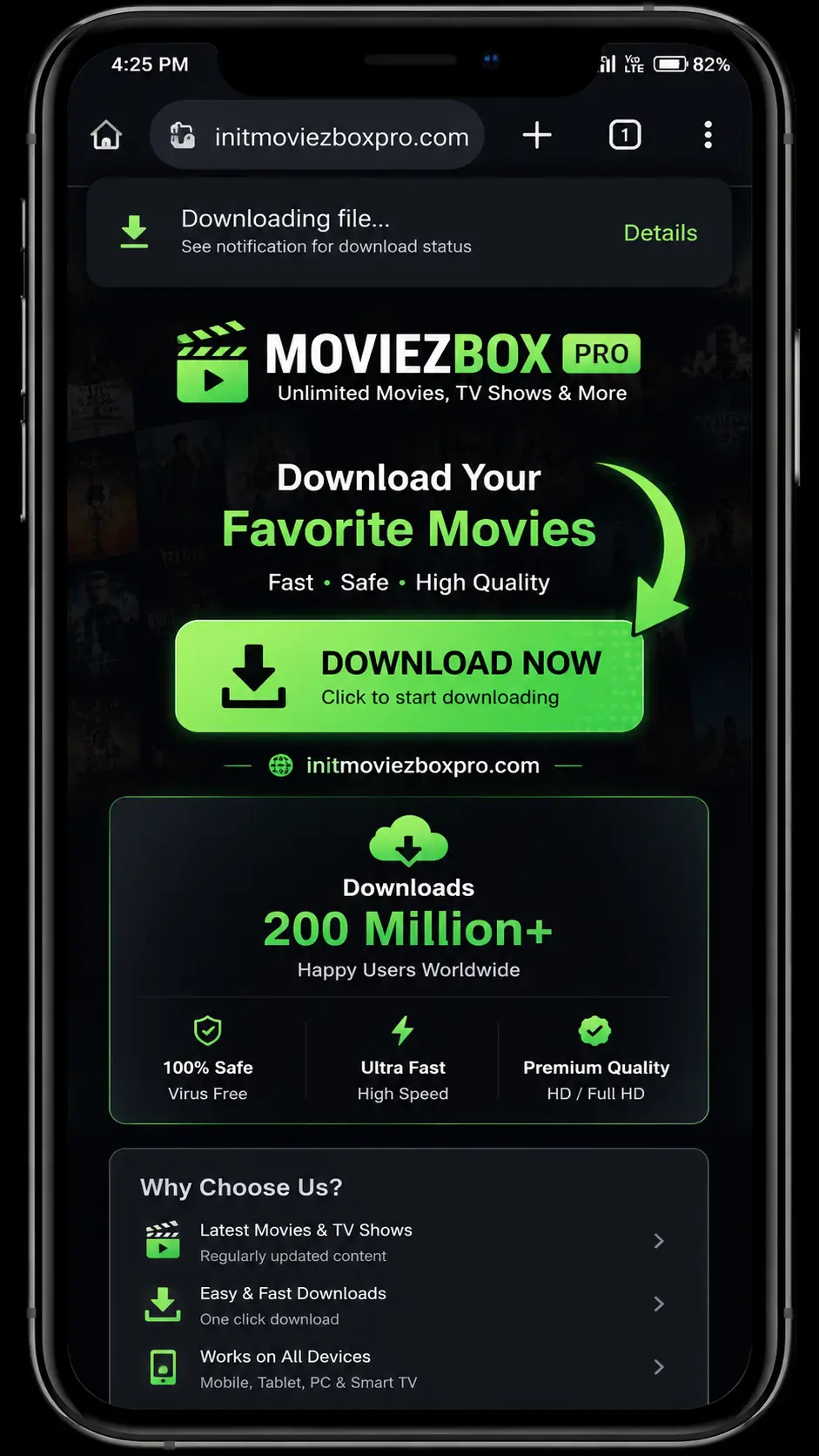 Example mobile browser showing an APK download beginning